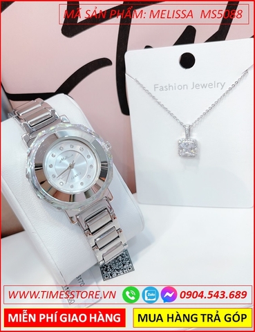 Set Đồng hồ Melissa Nữ Mặt Tròn Dây Kim Loại Silver + Dây chuyền
