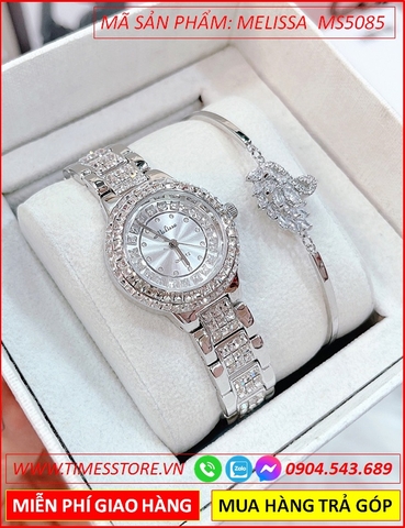 Set Đồng hồ Melissa Nữ Mặt Tròn Đính Đá Swarovski Dây Kim Loại