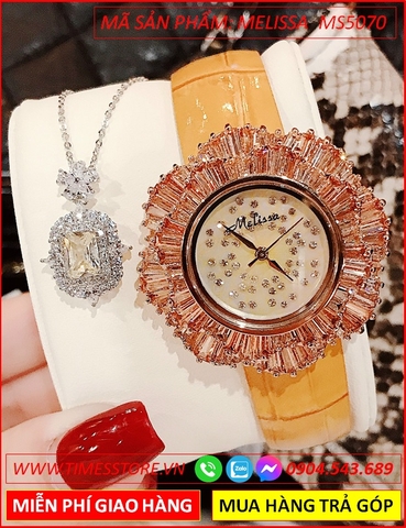 Set Đồng hồ Nữ Melissa Mặt Tròn Đính Đá Pha Lê Dây Da Vàng
