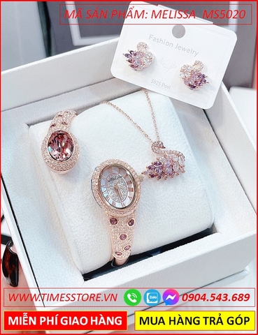 Set Đồng hồ Nữ Melissa Vòng Tay Rose Gold Đính Đá Đỏ Swarovski