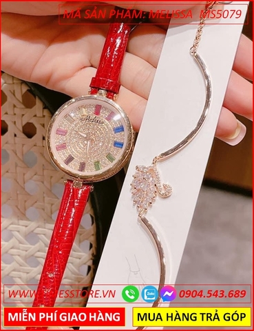 Set Đồng hồ Melissa Nữ Mặt Tròn Đính Đá Nhiều Màu Dây Da Vân Đỏ