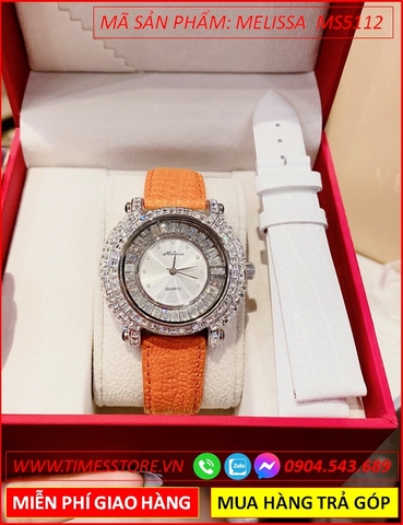 Set Đồng hồ Melissa Nữ Mặt Tròn Đính Full Đá Swarovski Dây Da Cam