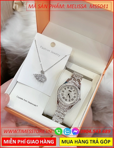 Set Đồng hồ Nữ Melissa Mặt Tròn Đính Full Đá Crystal From Swarovski