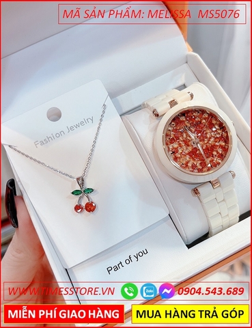Set Đồng hồ Melissa Nữ Mặt Tròn Full Đá Dây Đá Ceramica Trắng
