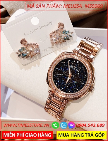 Set Đồng hồ Nữ Melissa Mặt Tròn Full Hạt Đá Đen Dây Rose Gold