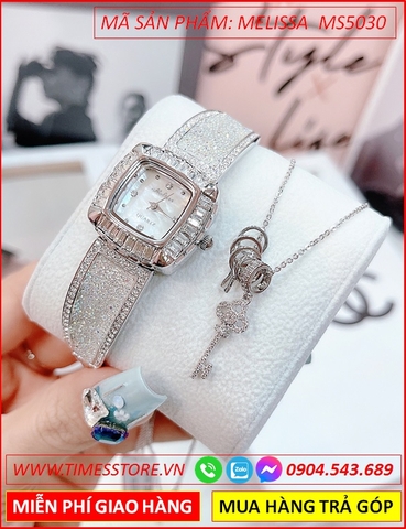 Set Đồng hồ Nữ Melissa Mặt Vuông Lắc Tay Đính Full Đá Swarovski