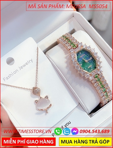 Set Đồng hồ Nữ Melissa Mặt Xanh Vòng Tay Swarovski Rose Gold