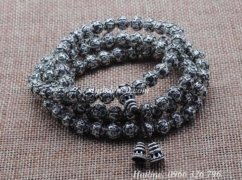 CHUỖI BẠC KHẮC OM MANI PADME HUM 108 HẠT