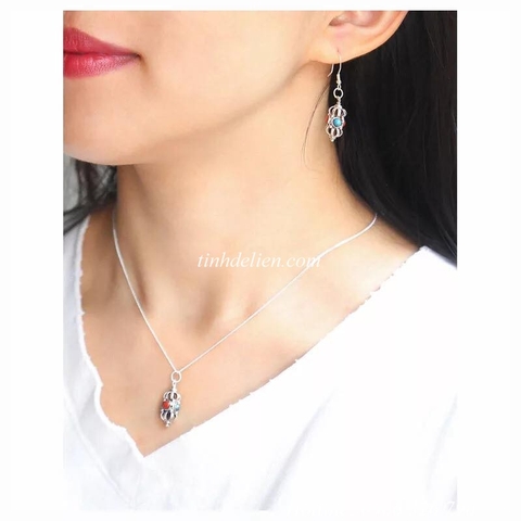 BỘ BÔNG TAI , MẶT DÂY CHUYỀN CHÀY KIM CƯƠNG ĐÍNH SAN HÔ VÀ LAM NGỌC