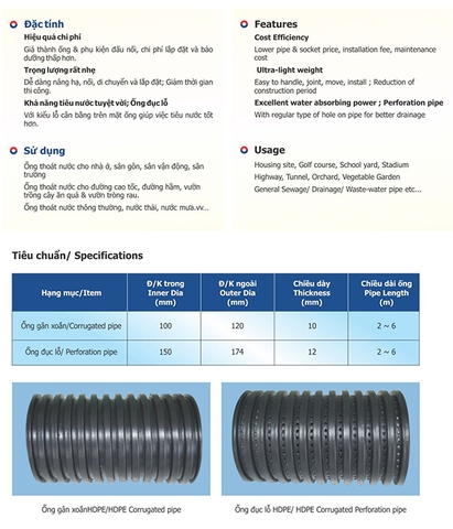 Ống gân xoắn và gân xoắn đục lỗ HDPE
