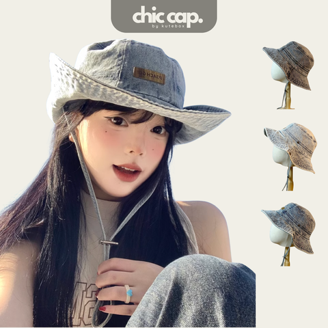 Mũ Vành Rộng Bấm Cúc Kèm Dây Đeo Thời Trang Jean Denim  PEACHGO CC59
