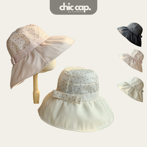 Mũ Lụa Satin Rộng Vành Chấm Bi Đính Nơ CC75