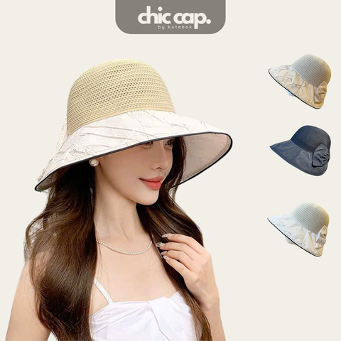 Mũ Lưới Satin Xẻ Nơ Rộng Vành Chống Nắng CC71