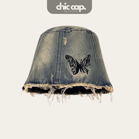 Mũ Nón Bucket Jean Denim Thêu Bướm Tua Rua CC44