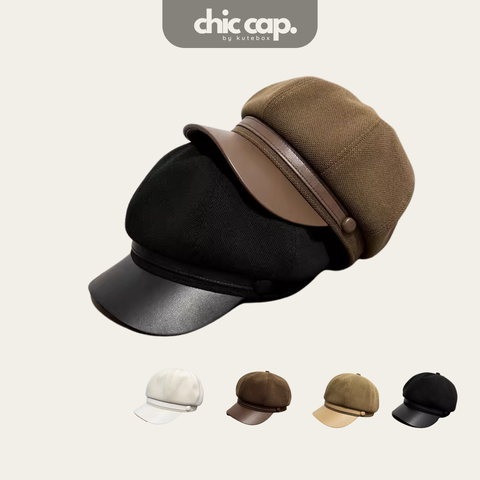 Mũ Nón Nồi Trái Bí Beret Phối Da Nâu Be Đen Retro Cổ Điển CC38