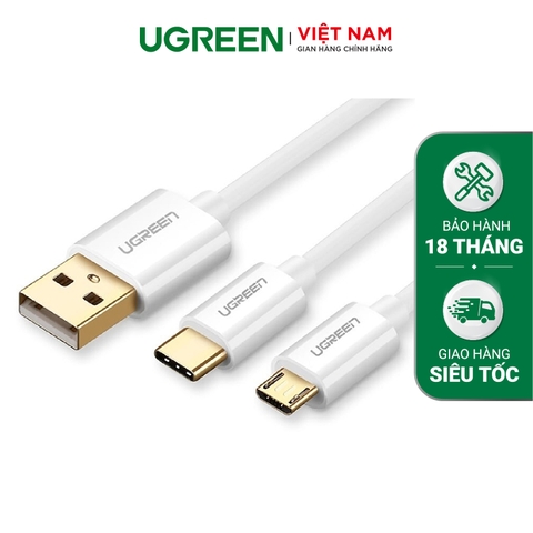 30576-Cáp sạc nhanh 2 trong 1 UGREEN US196 - Sạc nhanh QC 3.0 2.0 cổng Micro USB và Type C - Màu trắng cổ-Type C + Micro USB-1