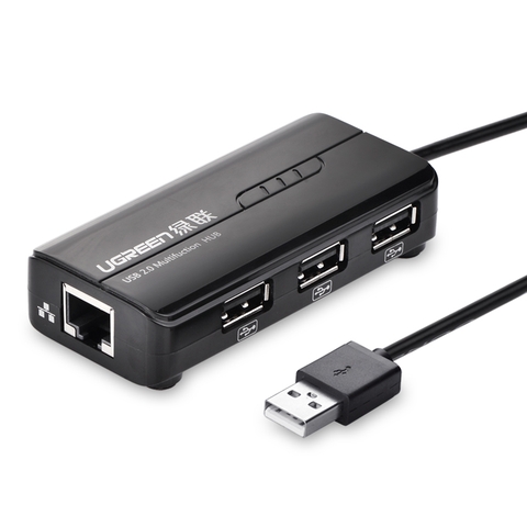 20264-HUB USB 3 cổng 2 kèm cổng mạng LAN 10/100Mbps UGREEN CR103 20264 (Đen)