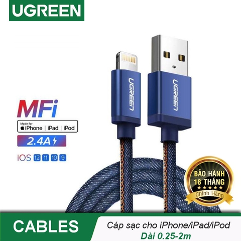 40482-Dây USB 2.0 sang USB Lighting vỏ nhôm bọc vải bò dài từ 0.25m-1.5m, chuẩn MFi của Apple, dòng 2.4A, sử dụng cho iPad, iPhone 11Pro/Xs Max/XR/X/8/7... UGREEN US247 - Hãng phân phối chính thức