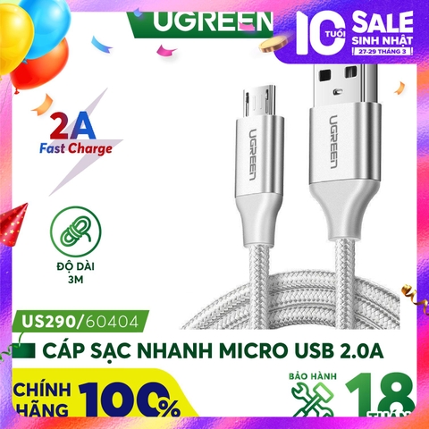 Cáp sạc nhanh Micro USB UGREEN US290 Sạc ổn định 2A - Vỏ sợi bện siêu bền - 1-Màu bạc-Micro USB