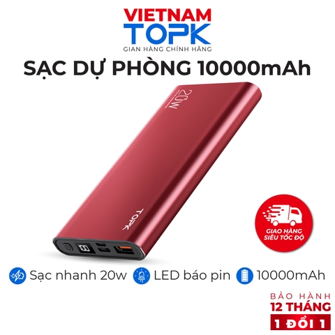 I07100006-Sạc dự phòng TopK 10000mAh I1007P màu đỏ