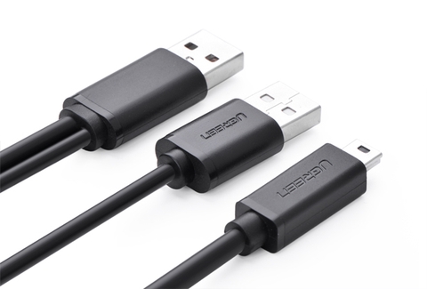 10346-Dây 2 đầu USB 2 chữ Y (1 đầu hỗ trợ nguồn) ra 1 đầu mini USB 5pin dài 0.5m UGREEN US107 10346 (màu đen)