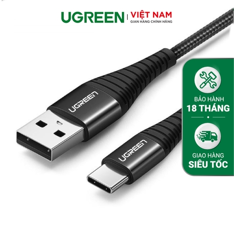 Cáp sạc nhanh Type C UGREEN US301 - Sạc nhanh Quick Charge 3.0 dòng 3A - Đầu cáp silicon chống gập gãy - Đen-0.25m