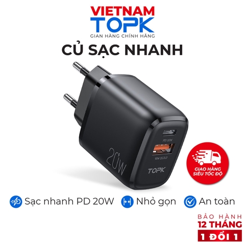 B10EU0203-Củ sạc nhanh TOPK B210P Sạc nhanh PD QC 3.0 20W1 Cổng USB 2.0 + 1 Cổng Type C Hãng chính thức Bảo hành 12 tháng 1 đổi 1 - Đen,Chân cắm tròn (EU)