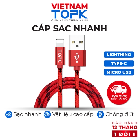 CS0109260610-Cáp sạc nhanh TOPK AN09 Sạc nhanh 3A Vỏ bện nylon dài 0.5m - 2m - Hàng chính hãng - Bảo hành 12 tháng 1 đổi 1 - Đỏ,Type-C