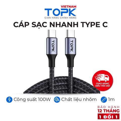 Dây cáp sạc nhanh C to C TOPK AP35 Sạc nhanh QC PD 4.0 công suất 100W 5A Hàng chính hãng Bảo hành 12 tháng 1 đổi 1