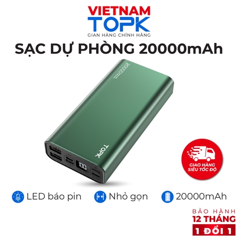 I06200011-Sạc dự phòng TopK 20000mAh I2006 màu xanh lá