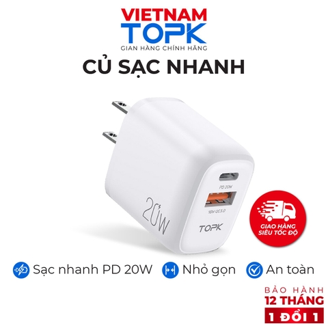 B10US0201-Củ sạc nhanh TOPK B210P Sạc nhanh PD QC 3.0 20W1 Cổng USB 2.0 + 1 Cổng Type C Hãng chính thức Bảo hành 12 tháng 1 đổi 1 - Trắng,Chân cắm dẹt (US)