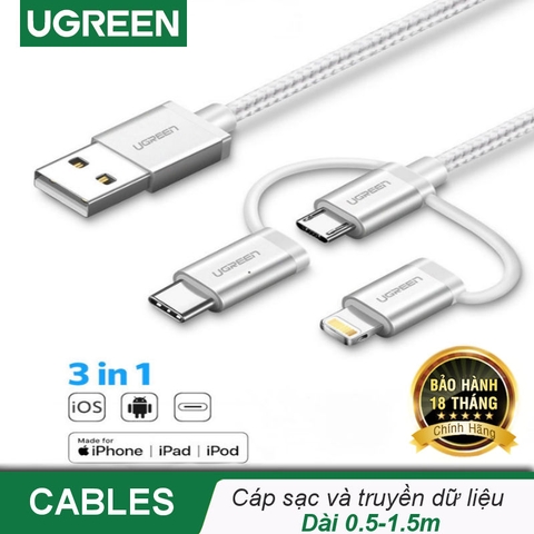 50203-Dây sạc và truyền dữ liệu 3 in 1, hỗ trợ cổng Lightning cho dòng iPhone/iPad/iPod, cổng Micro USB cho điện thoại Android, cổng USB type C, dài từ 0.5-1.5m UGREEN US186