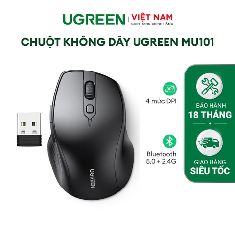 Chuột không dây UGREEN MU101 | Bluetooth 5.0 + 2.4G | 4 mức DPI 1000/1600/2000/4000 | Bảo Hành 18 Tháng 1 Đổi 1 | 90395 Đen 90395