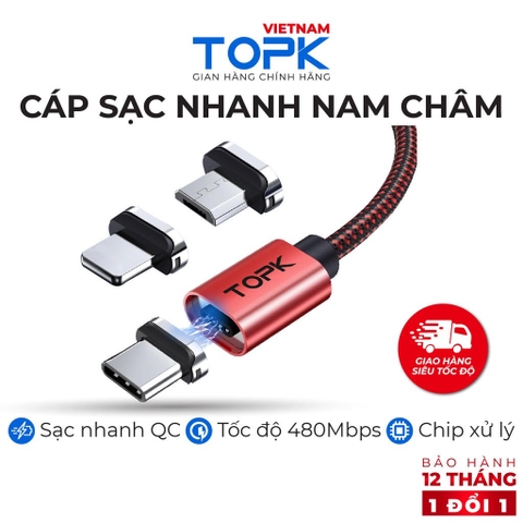 Dây sạc đầu nối nam châm TOPK AM45 Sạc nhanh QC 3.0 Red 3 jack A45ST0610