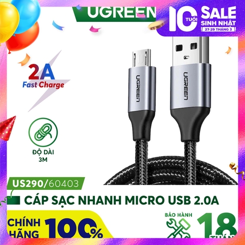 Cáp sạc nhanh Micro USB UGREEN US290 Sạc ổn định 2A - Vỏ sợi bện siêu bền - 3-Màu Xám đen-Micro USB