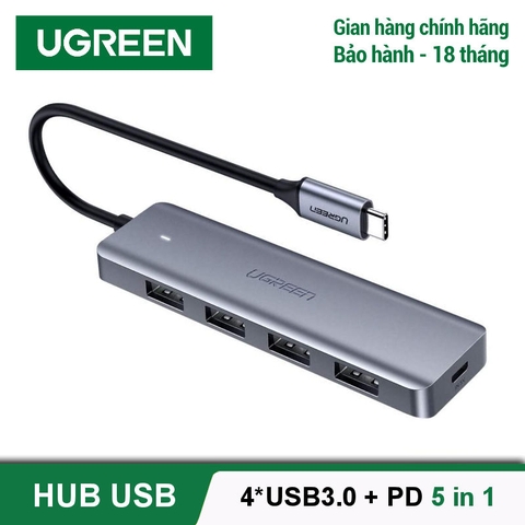 70336-Hub chuyển đổi USB / USB type C sang 4 cổng USB 3.0 UGREEN CM219 CM136 - Hỗ trợ cổng nguồn Micro USB tốc độ truyền tải tối đa 5Gbps - USB C-Ghi xám