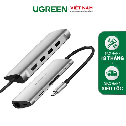 Bộ chuyển đổi USB-C sang 3*USB3.0+HDMI+RJ45+SD&TF dài 15Cm UGREEN CM121 - Hãng phân phối chính thức