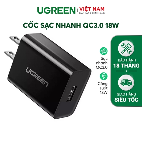Củ sạc nhanh 18W UGREEN 20904 - Sạc nhanh chuẩn Quick Charge 3.0 công suất 18W - Chân cắm dẹt chuẩn US - Bảo hành 18 tháng