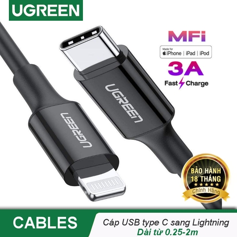 60752-Cáp sạc nhanh Type C UGREEN US171 Sạc nhanh 18W, đạt chuẩn Mfi - Tốc độ truyền dữ liệu 480Mbps - Đen-Lightning- USB-C-2