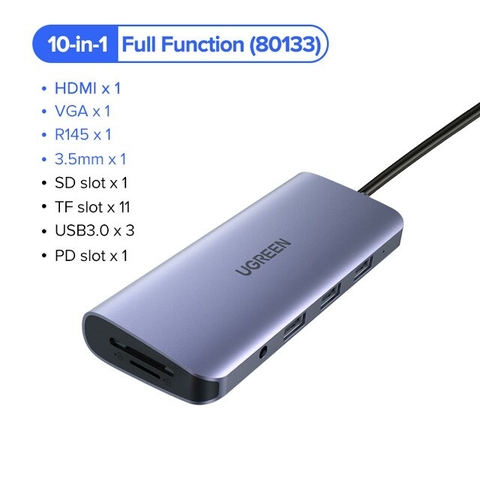 80133-Bộ chuyển đổi Type C UGREEN 80133 – 3xUSB 3.0+HDMI+VGA+RJ45 +SD/TF+3.5mm Audio+PD