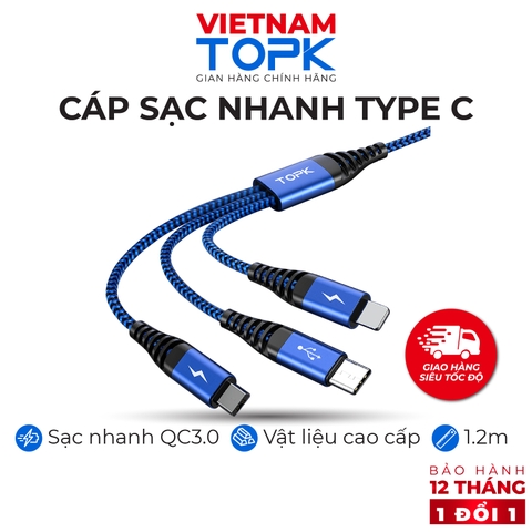 A24ST1310-Cáp sạc nhanh 3 trong 1 TOPK AN24 Sạc nhanh QC 3.0 vỏ bện nylon dài 1.2m Hàng chính hãng - Bảo hành 12 tháng 1 đổi 1 - Xanh dương