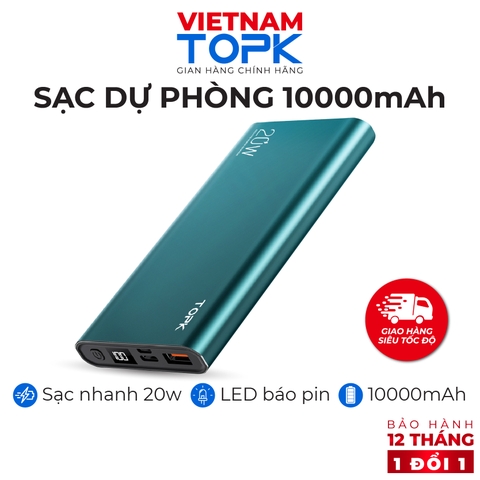 I07100011-Sạc dự phòng 10000mAh TOPK I1007P Sạc nhanh 20W PD QC3.0 Màn hình LED hiển thị Hàng chính hãng Bảo hành 12 tháng 1 đổi 1 - Xanh lá