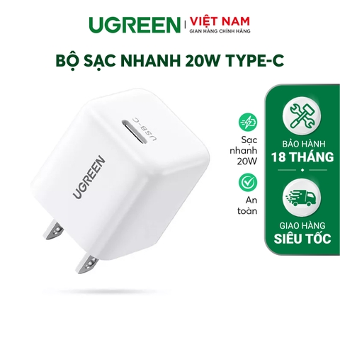 Củ sạc nhanh 20W UGREEN 10219 Cổng sạc nhanh PD 3.0, QC 4.0 Thiết kế nhỏ gọn, chân cắm US- Hàng phân phối chính hãng