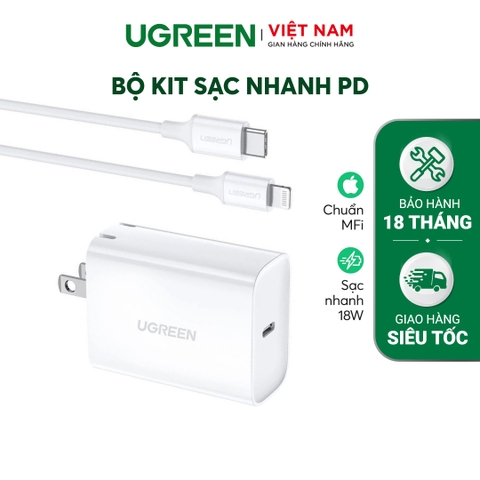 Bộ sạc nhanh iPhone UGREEN 70293 Sạc nhanh PD 18W và cáp Type C ra Lightning chuẩn MFI
