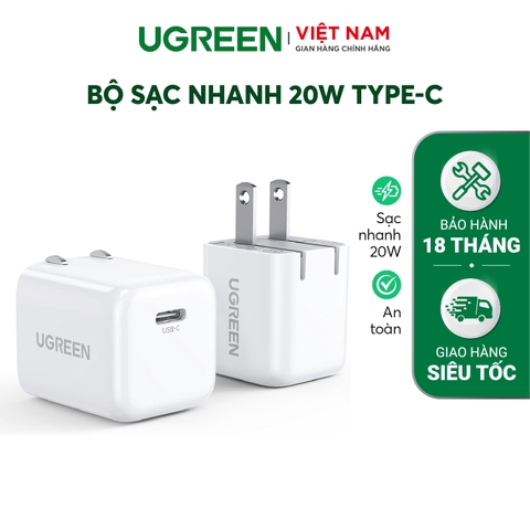 Củ sạc nhanh PD20W UGREEN CD249 Cổng sạc Type-C, chân cắm gập gọn - Khả năng tương thích rộng - 70572 Chân US