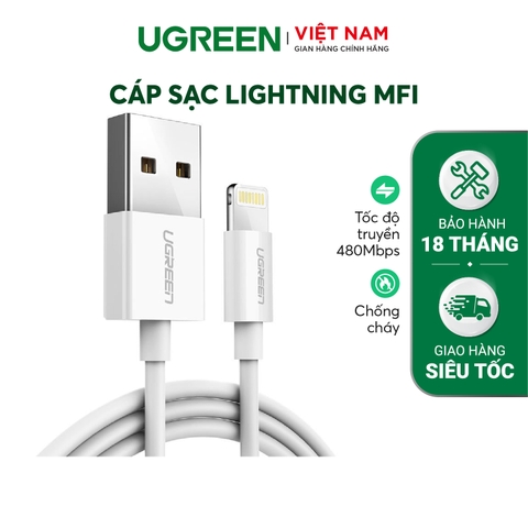 Cáp sạc Lightning chuẩn MFi UGREEN US155 - Sạc ổn định dòng 2.4A - Tốc độ truyền 480Mbps - trắng-1m-Lightning-PVC-1.5