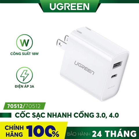 70152-UGREEN 18W USB-C Wall Charger PD+QC US (White) CD137