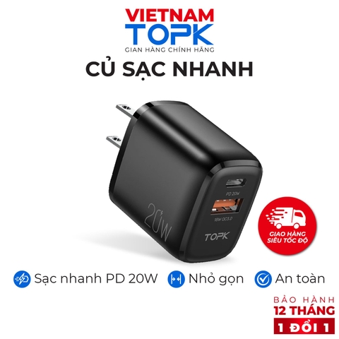 B10US0203-Củ sạc nhanh TOPK B210P Sạc nhanh PD QC 3.0 20W1 Cổng USB 2.0 + 1 Cổng Type C Hãng chính thức Bảo hành 12 tháng 1 đổi 1 - Đen,Chân cắm dẹt (US)