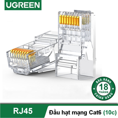 50961-Đầu bấm mạng Cat6 UGREEN NW120 - Nhựa PC trong suốt chống gỉ, đầu kết nối mạ vàng - 50961-10c/túi