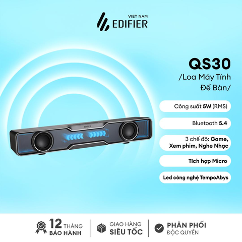 Loa máy tính EDIFIER,model QS30,công suất 2.5W*2,bộ loa có Bluetooth 5.4, dùng cho máy tính và điện thoại, cắm nguồn USB,màu đen, dải tần: 90HZ-18KHZ,hàng mới 100%